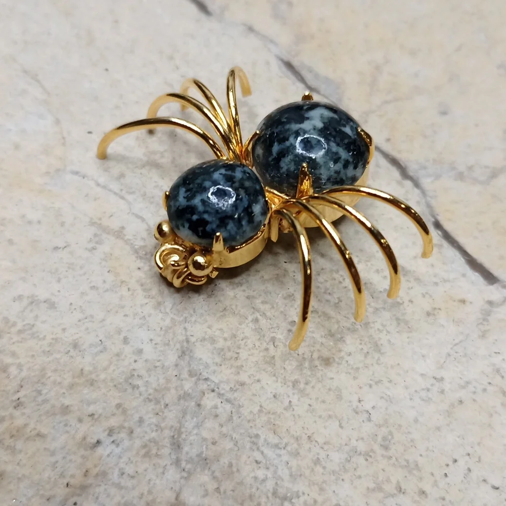 Vintage Jasper Stone Spider brooch black widow